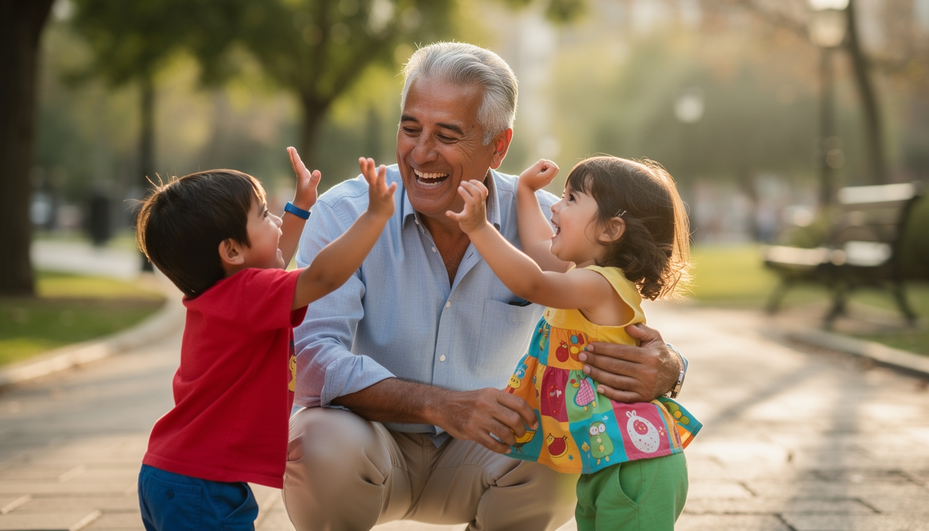 Abuelo jugando con sus nietos en el parque, disfrutando de movimiento libre