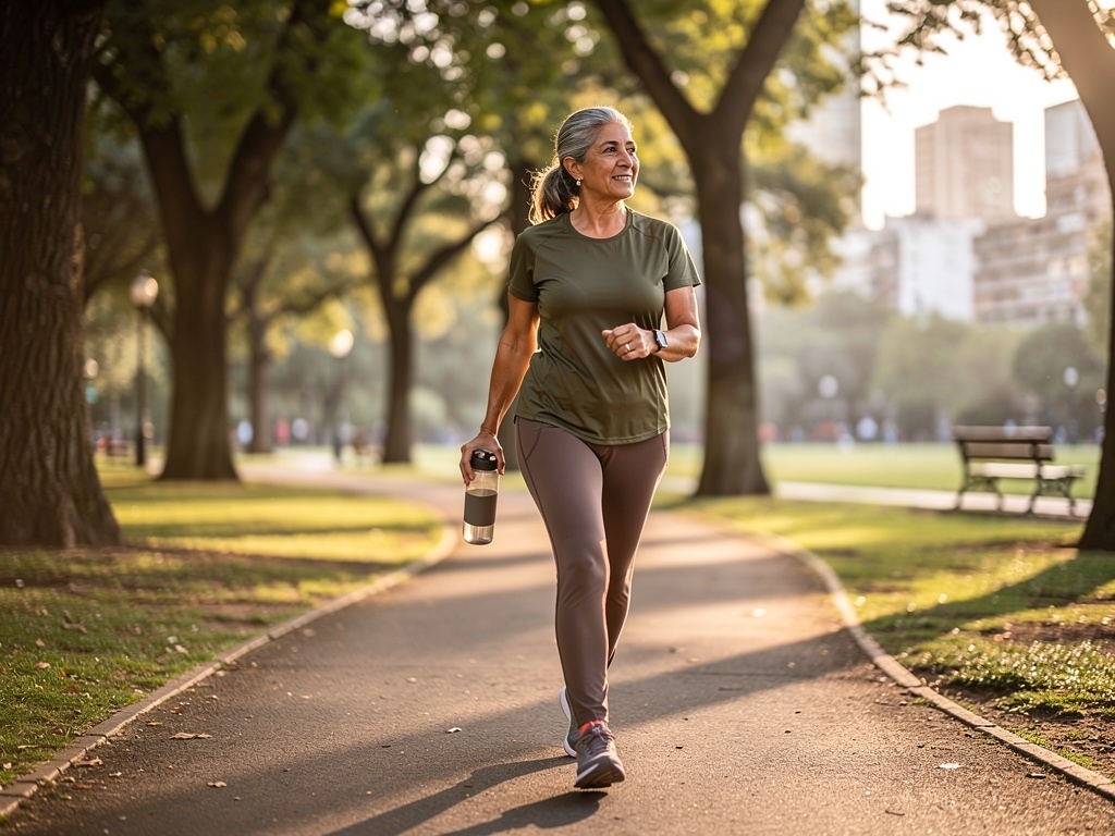 Mujer mayor caminando con energía por un parque al aire libre
