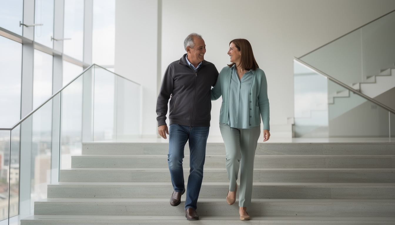 Pareja mayor subiendo escaleras con facilidad en su hogar